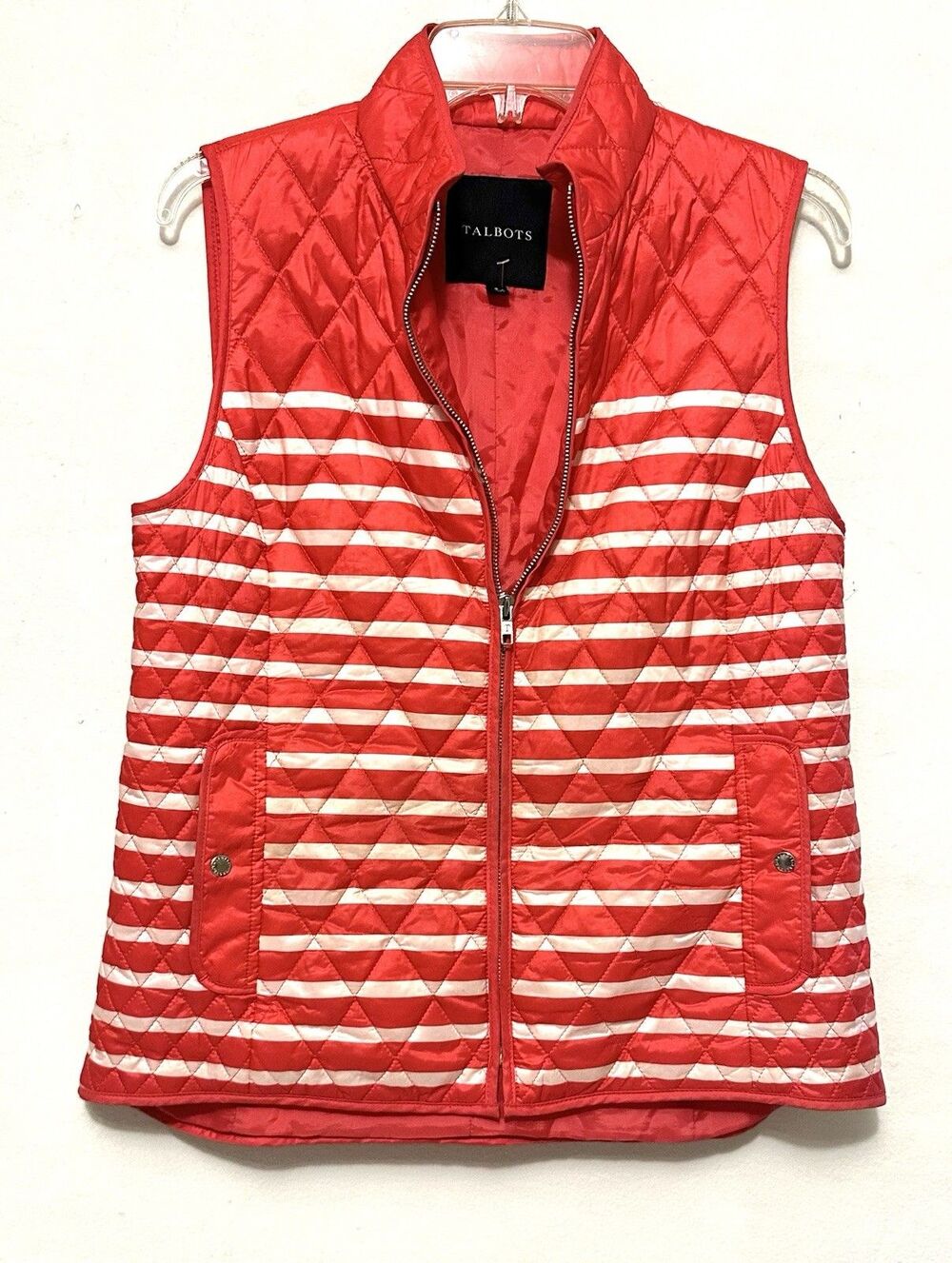 Talbots Coral Red & White Stripe Diamond Quilted Zip Up Puffer Vest Size